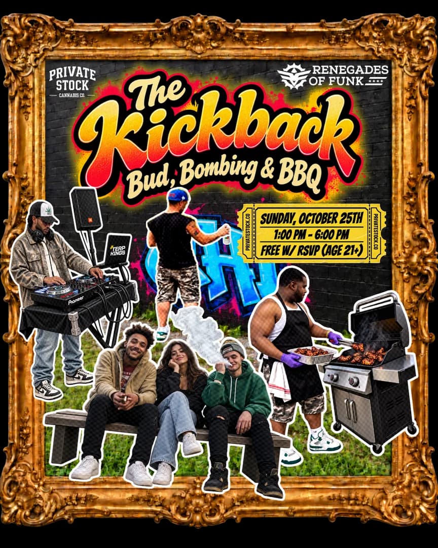 The Kickback flyer: DJ, graffiti writer, grill master and friends in a gold frame